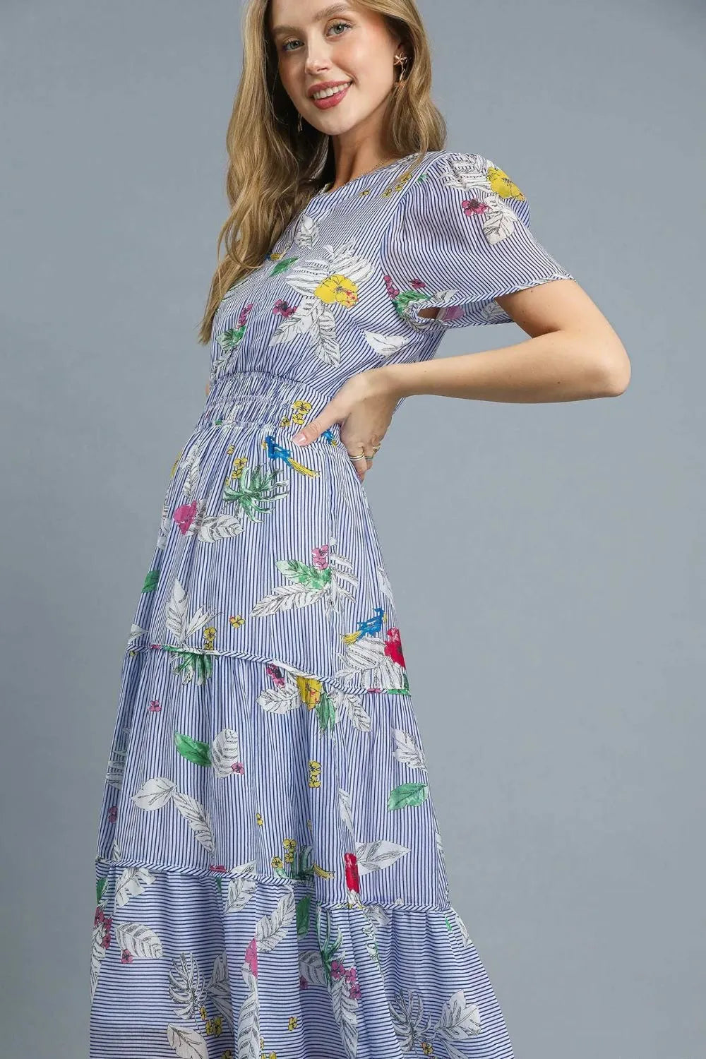 Light Blue Umgee Smocked Waist Floral Short Sleeve Midi Dress