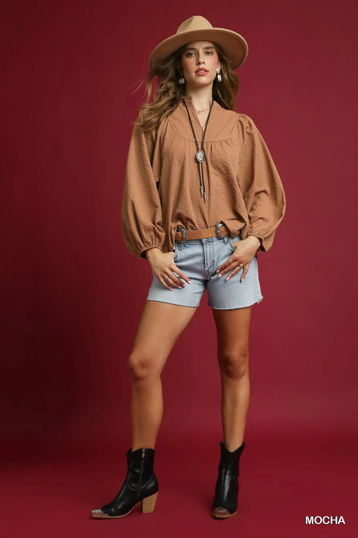 Umgee Textured Notched Blouse With Balloon Sleeves 1