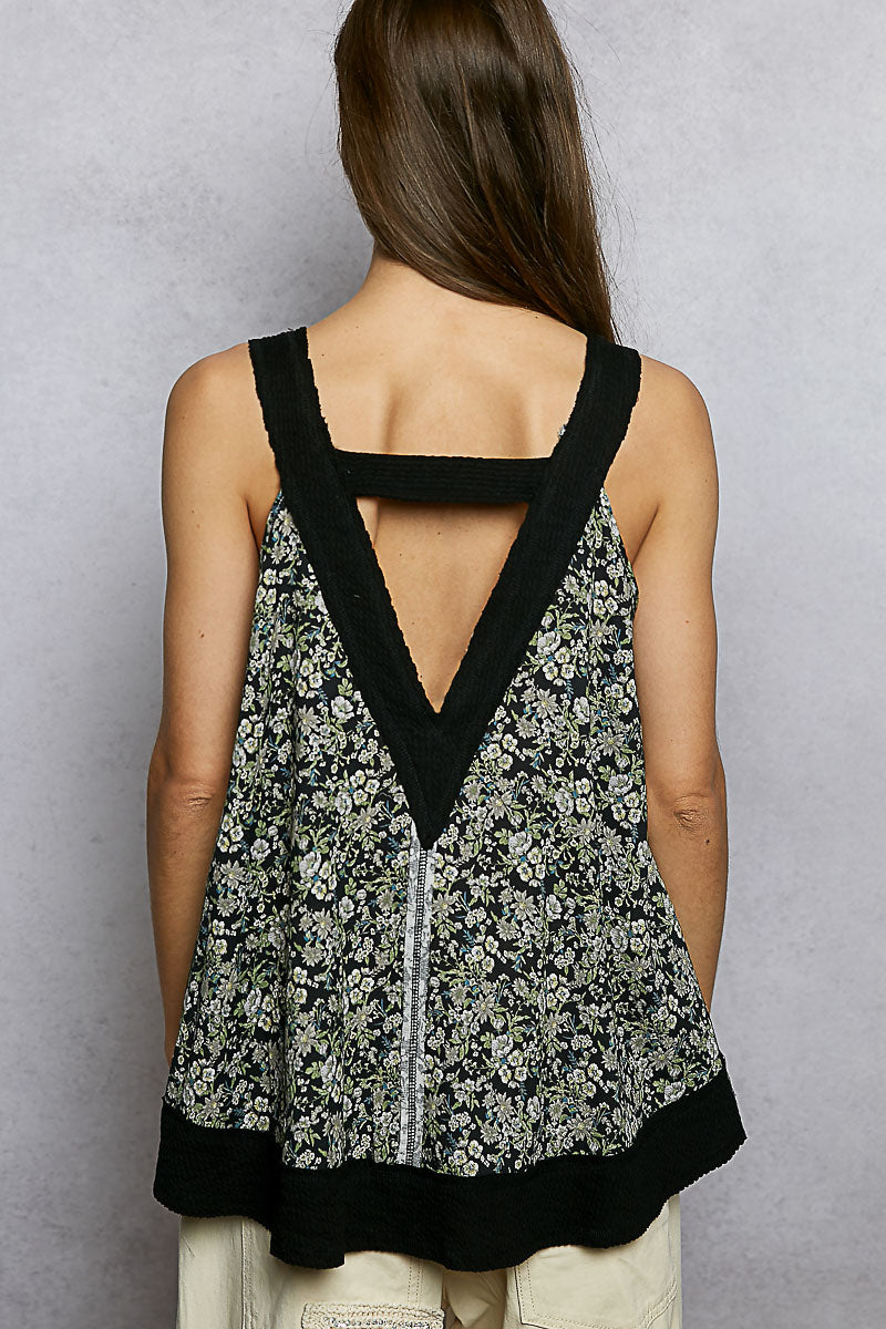 Pol Floral V Neck Tank With Front Pocket