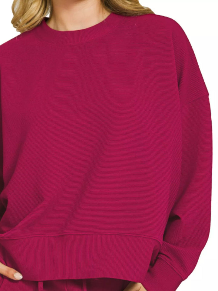 Cabernet Zenana Ribbed Round Neck Pullover And Shorts Set 3