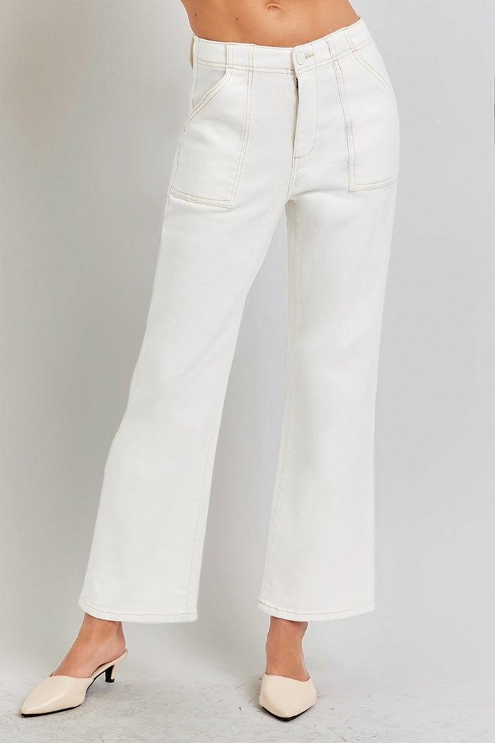 Cream Risen High Rise Ankle Flare Jeans With Patch Pockets