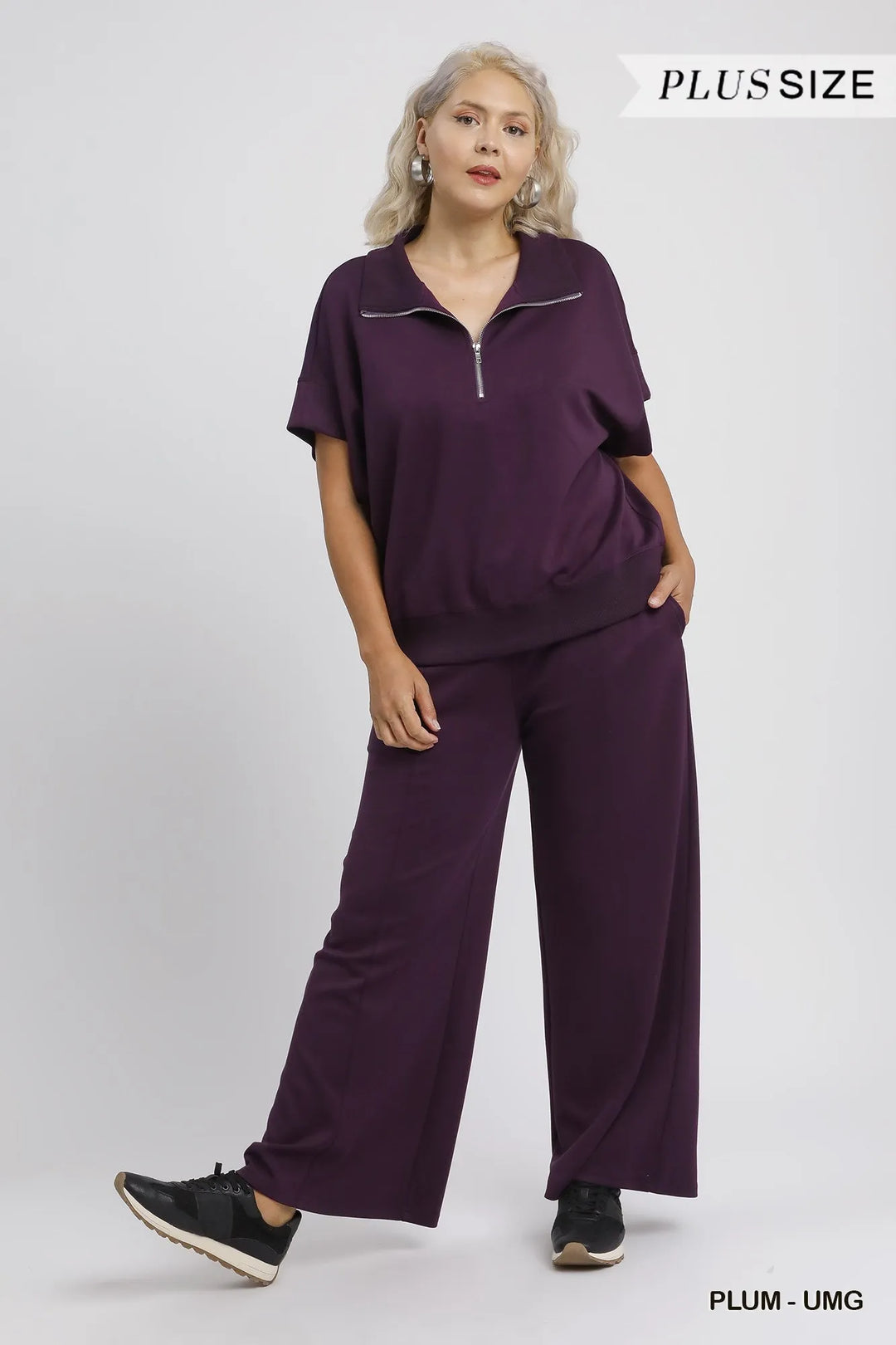 Plum Umgee Full Size Half Zip Short Sleeve Top Plus Size 2