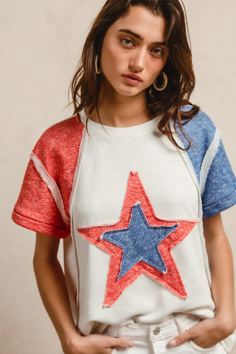 Bibi Contrast French Terry Cut Edge Detail Fourth Of July Theme T Shirt
