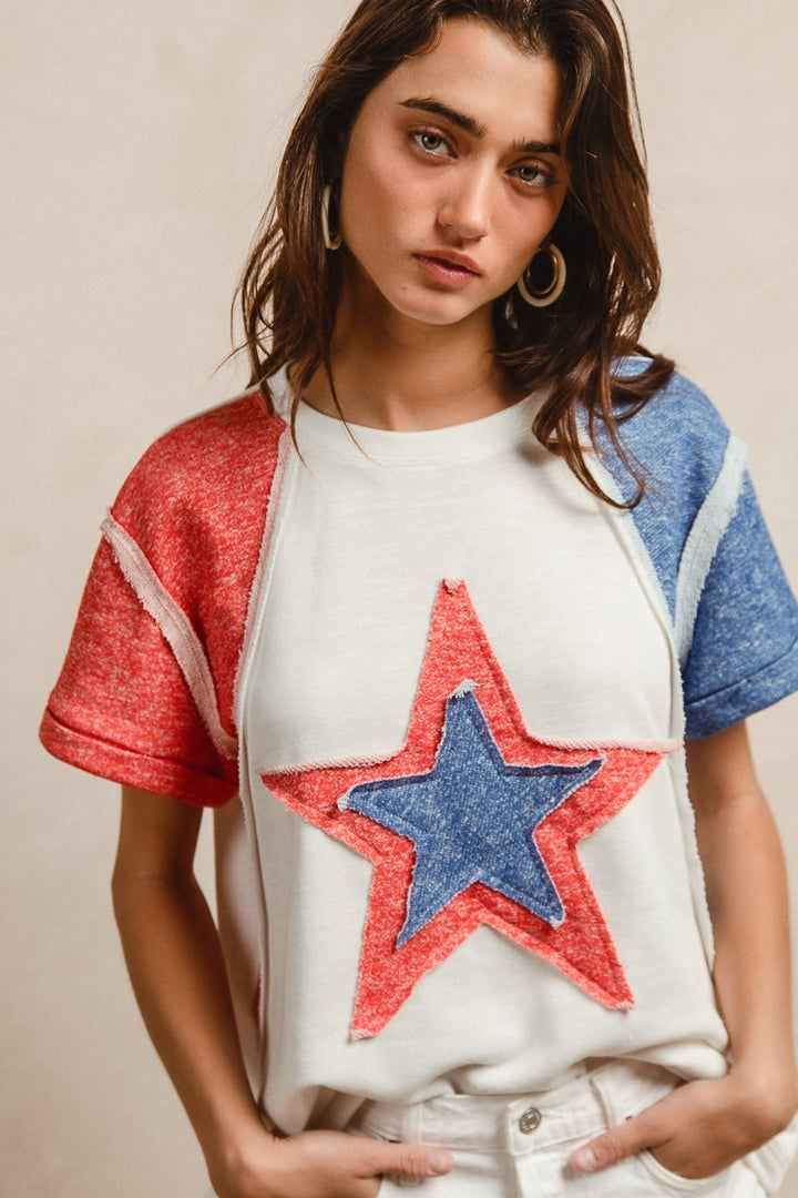 Bibi Contrast French Terry Cut Edge Detail Fourth Of July Theme T Shirt