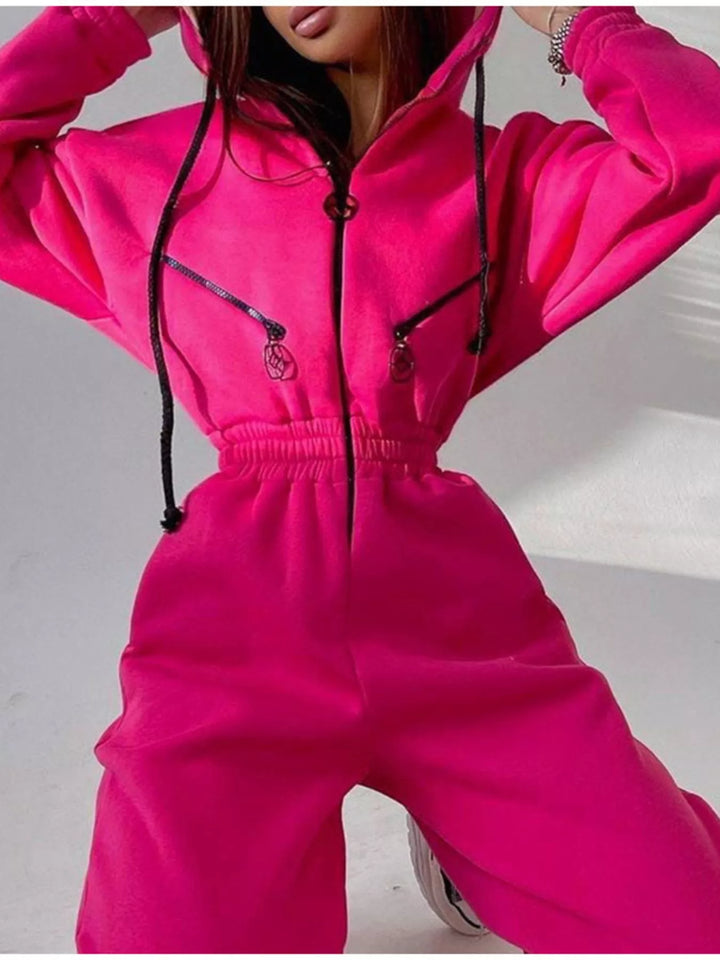 Rose Red Hooded Zip Up Long Sleeve Jumpsuit