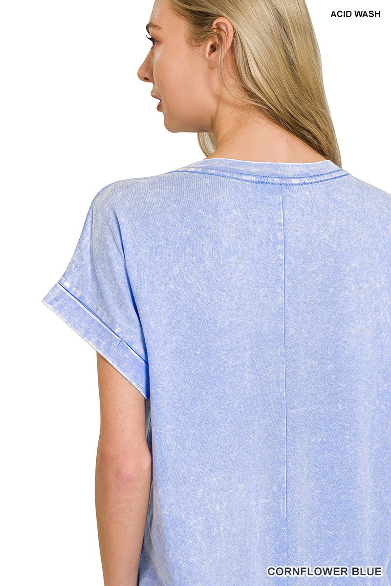 Cornflower Blue Zenana Washed Exposed Seam Short Sleeve T Shirt Dress