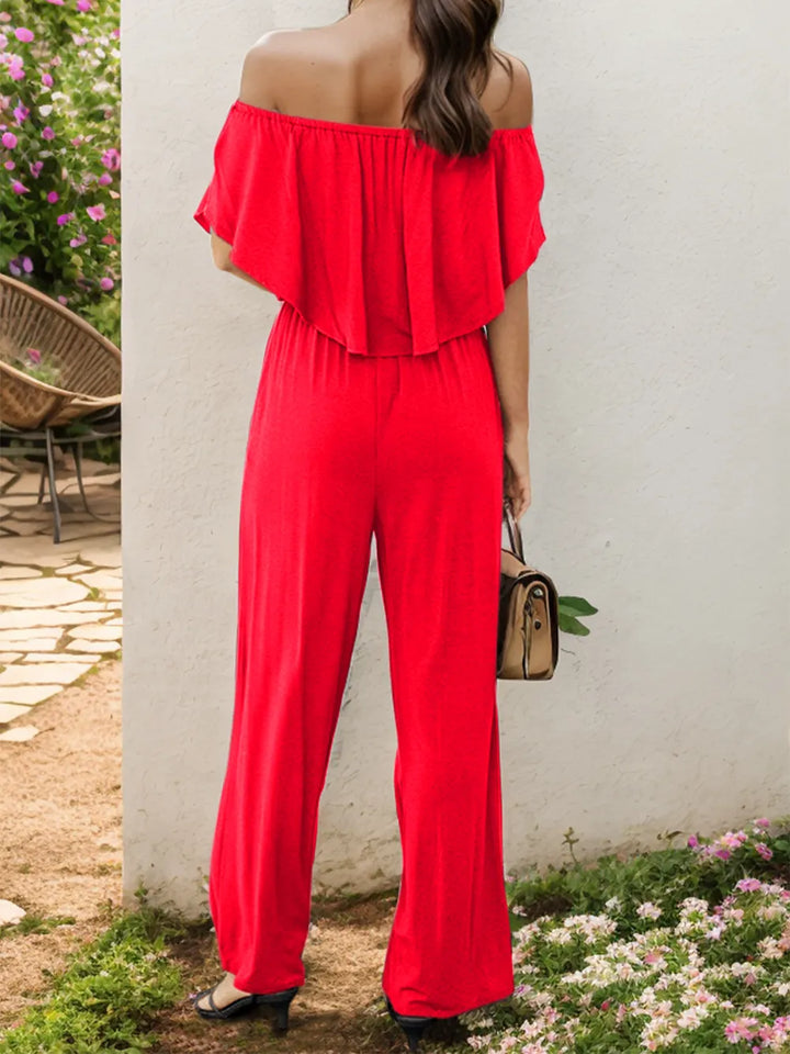 Red Off Shoulder Wide Leg Jumpsuit