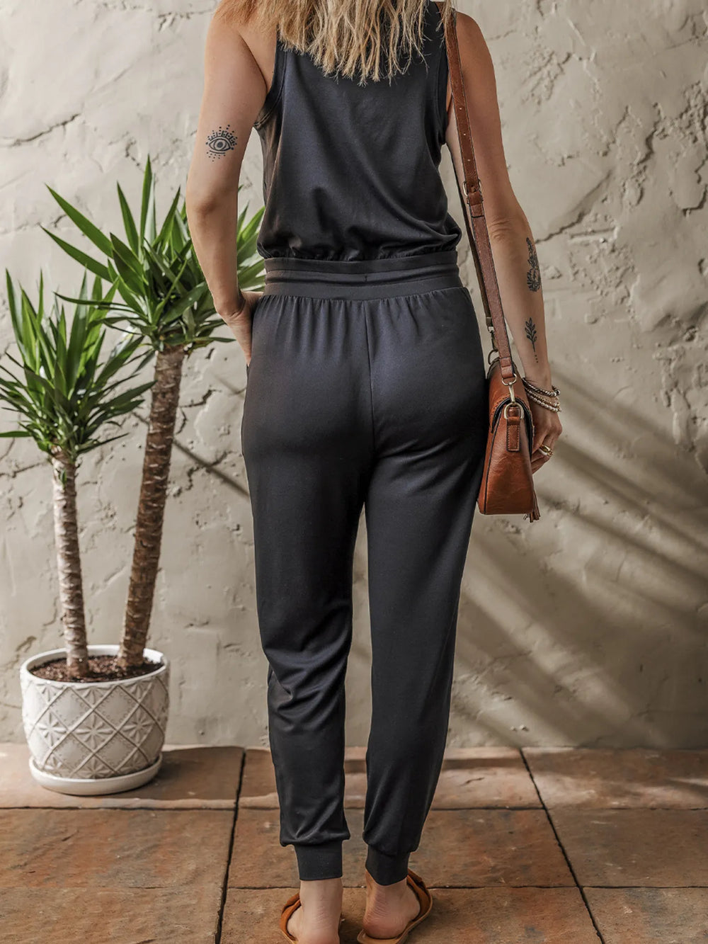 Black Tie Waist Sleeveless Jogger Jumpsuit