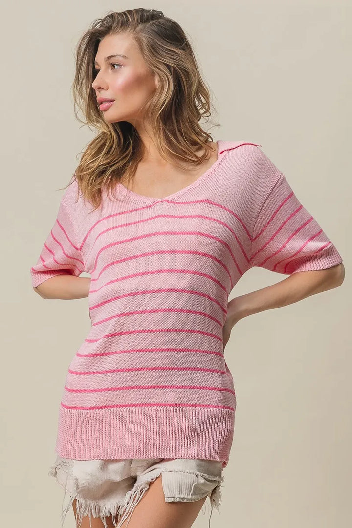 Lt Pink/Hot Pink Bibi Stripe Short Sleeves Collared V Neck Top
