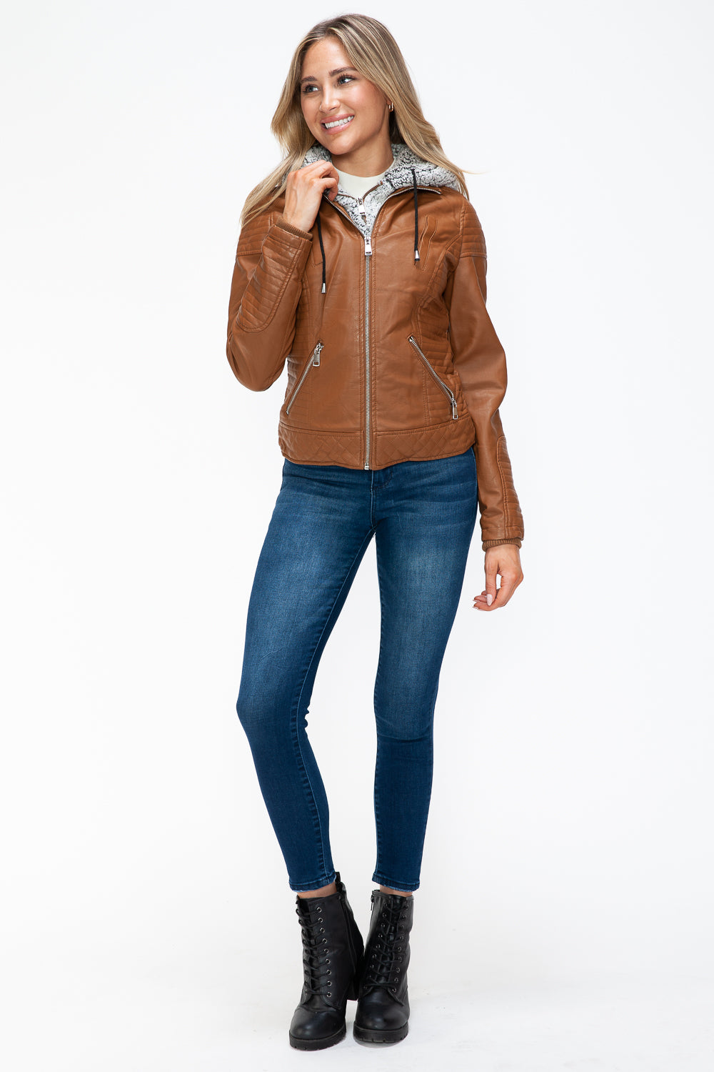 Ymi Faux Layered Double Zipper Jacket With Fuzzy Hood 4