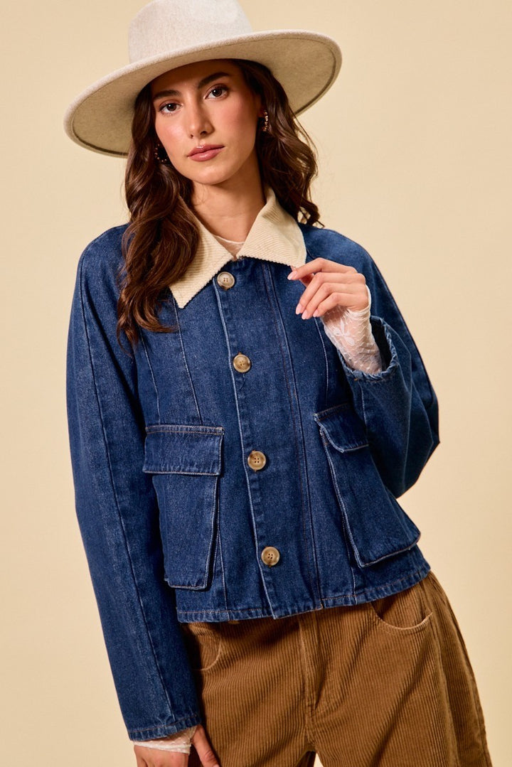 Denim/Oatmeal So Me Zip Up And Buttoned Denim Jacket