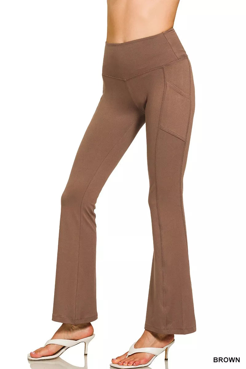 Brown Zenana Brushed Dty Microfiber Flare Pants 1