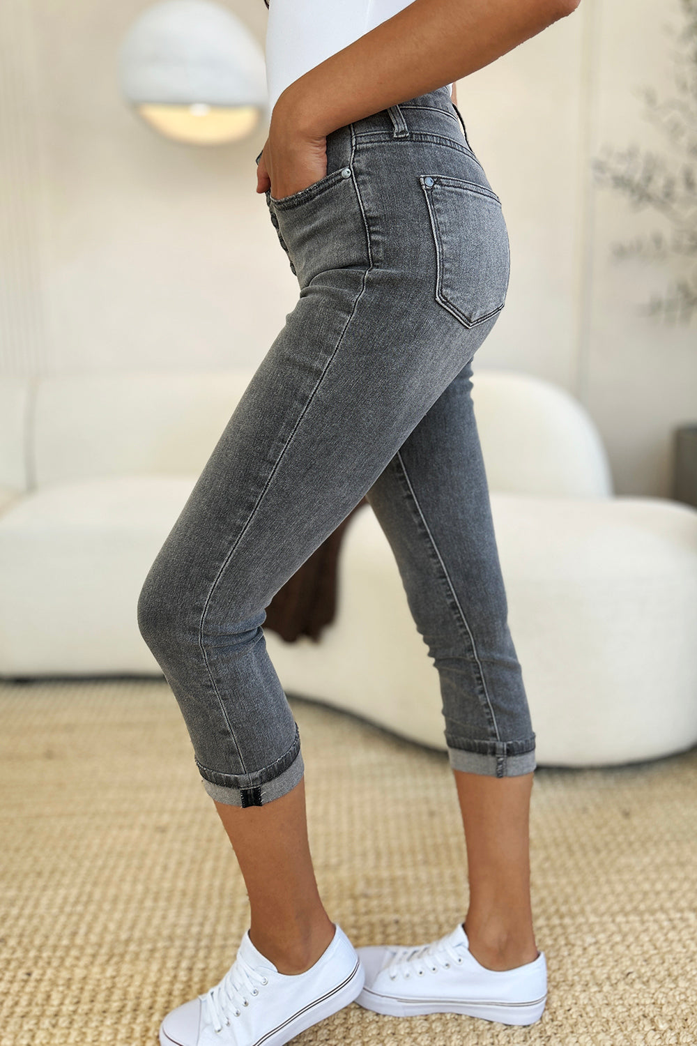 GRAY Judy Blue Full Size Button Fly High Waist Cuffed Capris