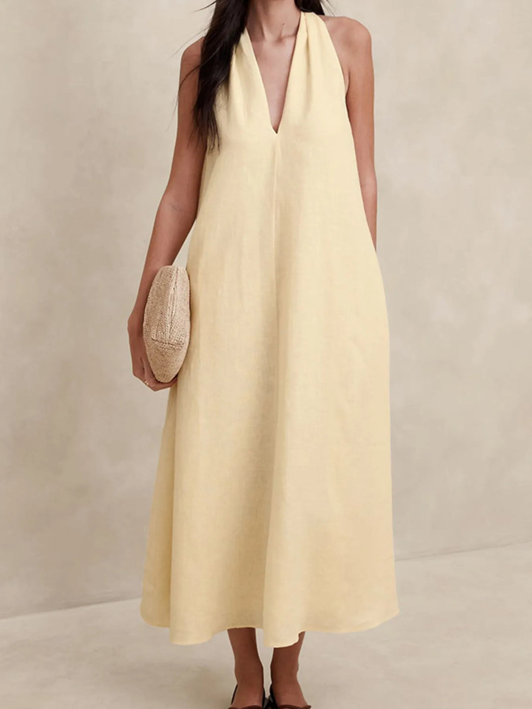 Yellow Halter V Neck Linen Midi Dress