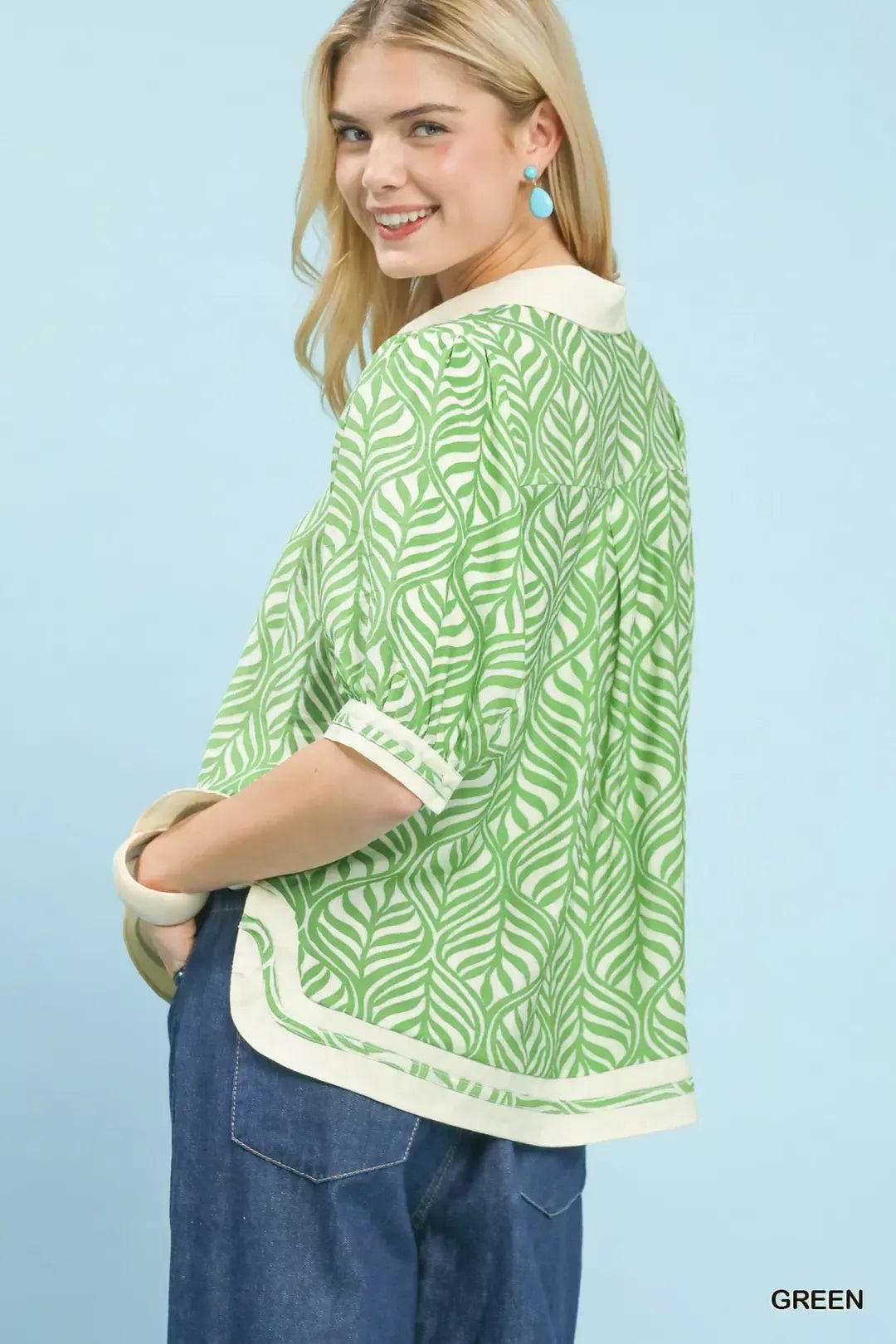 Green Umgee Geometric Leaf Print Popover Top 1