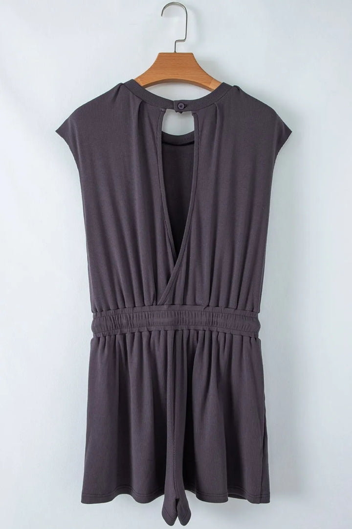 Knit Open Back Cap Sleeve Drawstring Romper