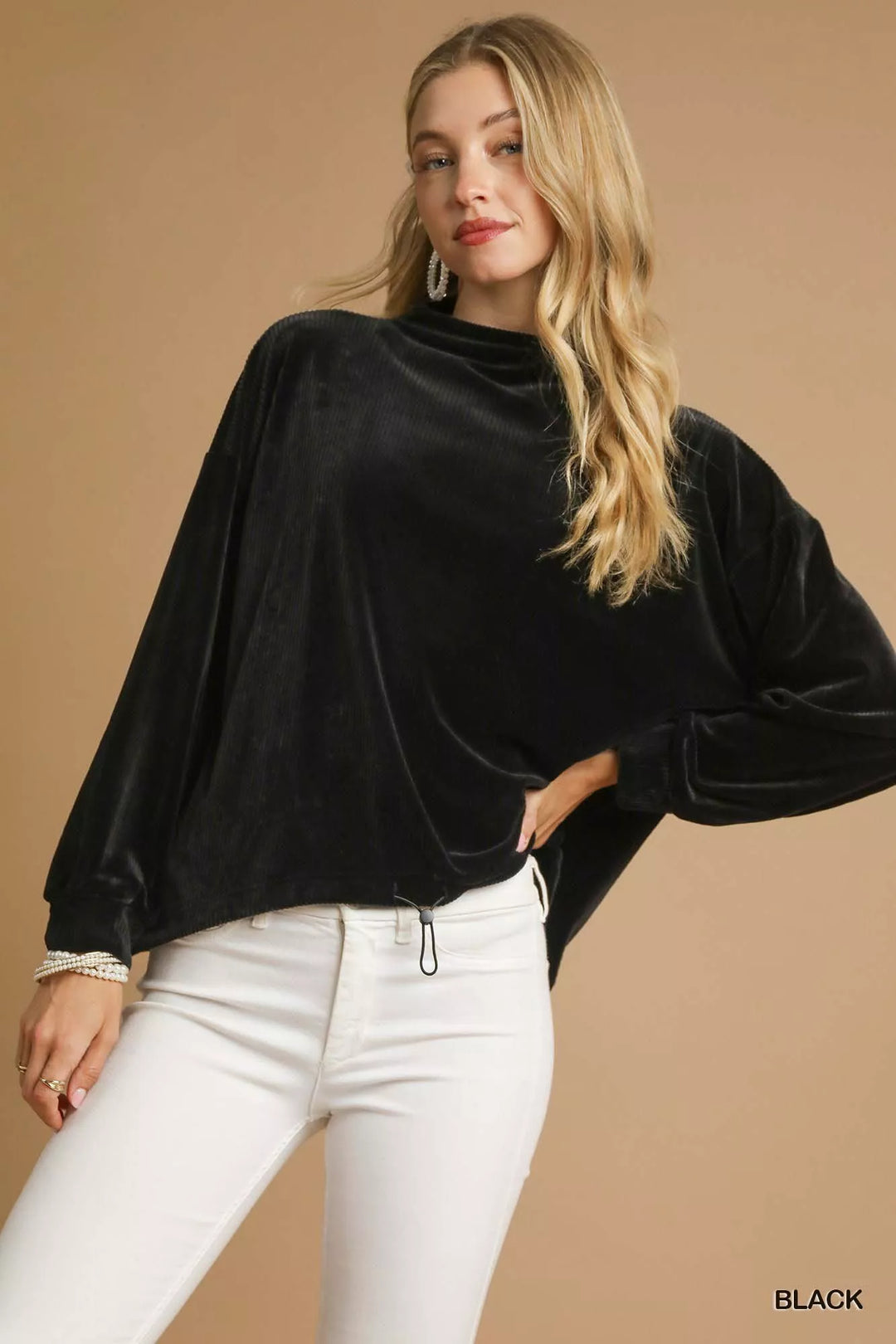 Black Umgee Ribbed Drawstring Hem Knit Top 1