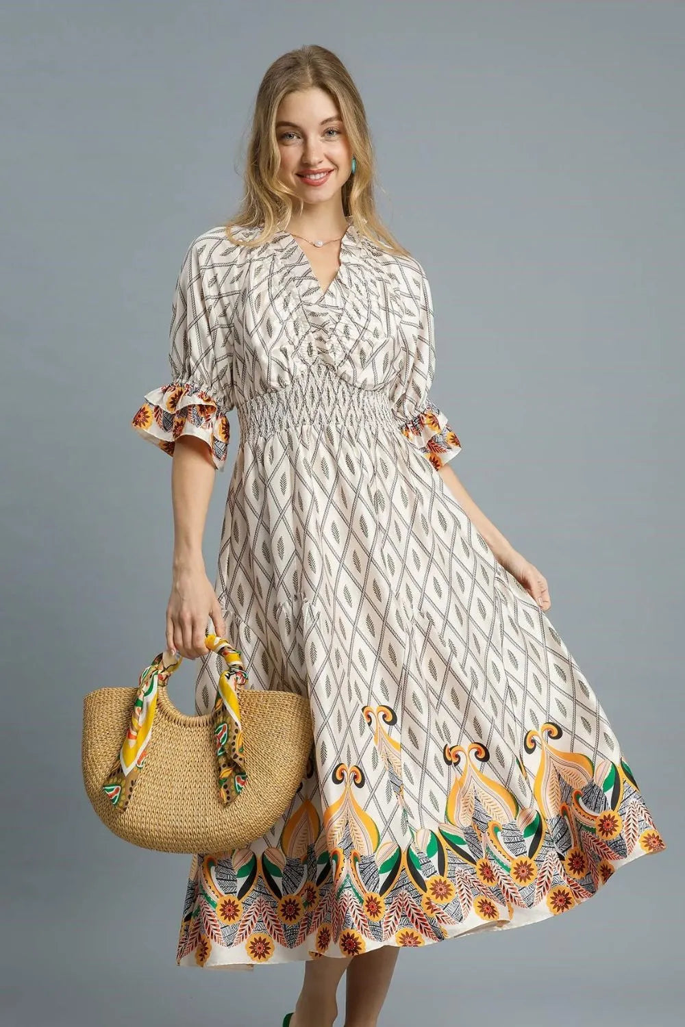 Ivory Umgee Printed Smocked Waist Flounce Sleeve Midi Dress