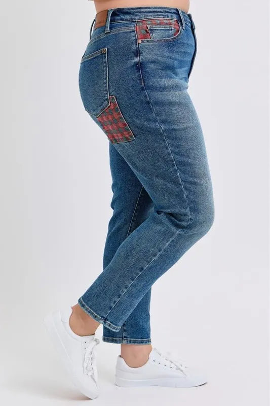 Md Judy Blue Full Size Hw Plaid Patch Slim Fit Jeans Plus Size