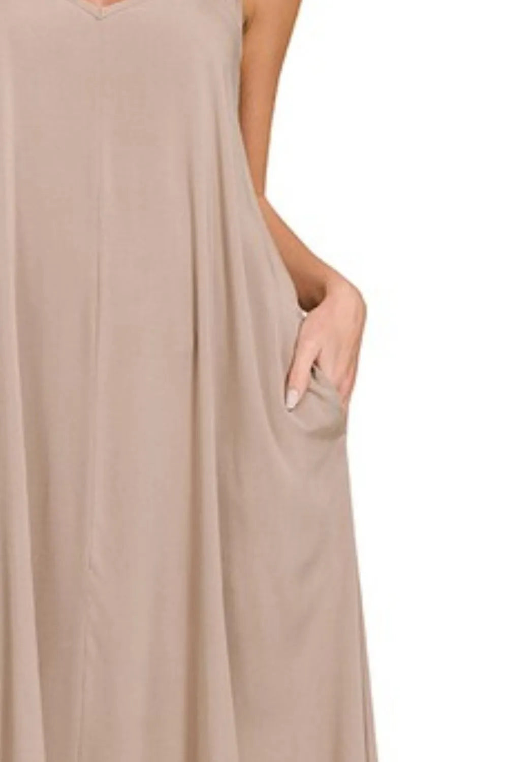 Lt Mocha Zenana Woven Arc Hem Cami Dress With Flowy Pockets 1