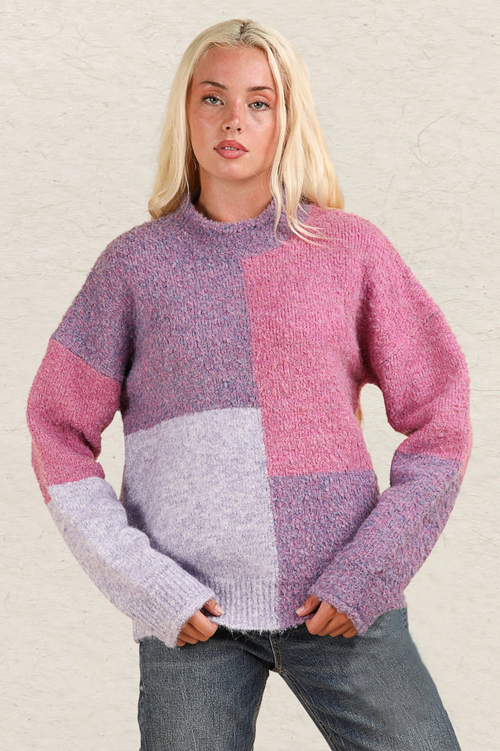 Purple Very J Color Block Mock Neck Drop Shoulder Sweater 3