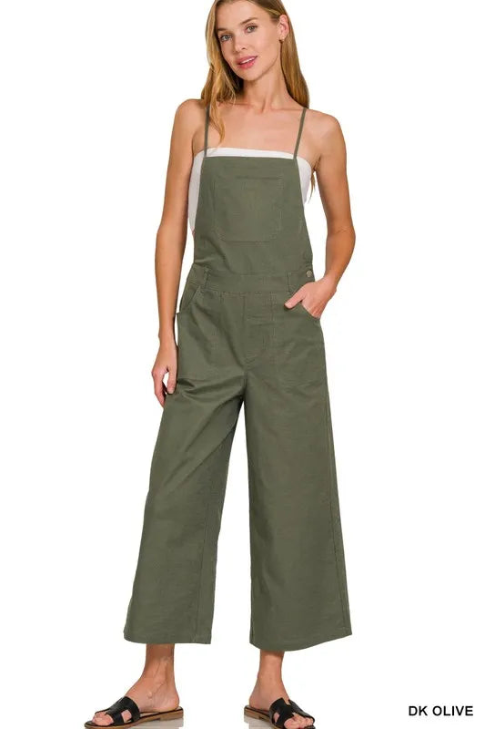 Dk Olive Zenana Woven Spaghetti Strap Overalls