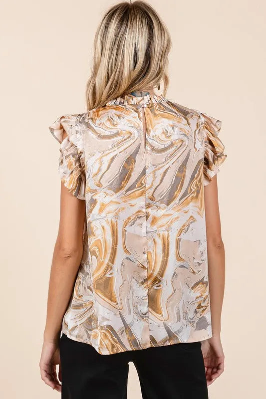 Tan Mittoshop Abstract Print Ruffle Short Sleeve Satin Top