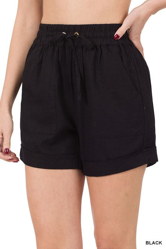 Black Linen Drawstring Waist Shorts With Pockets