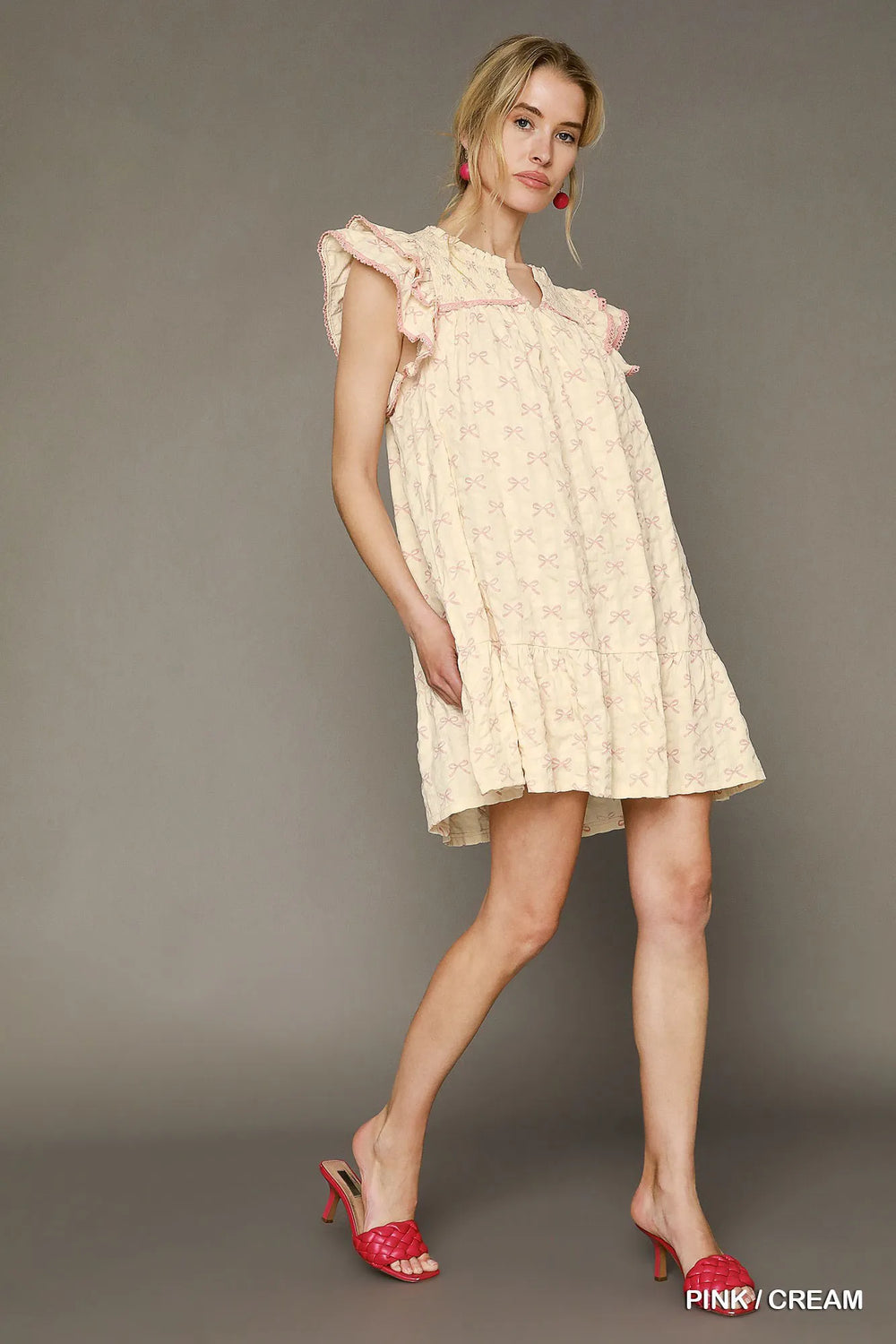 Pink / Cream Umgee Bow Print Ruffled Cap Sleeve Mini Dress 1