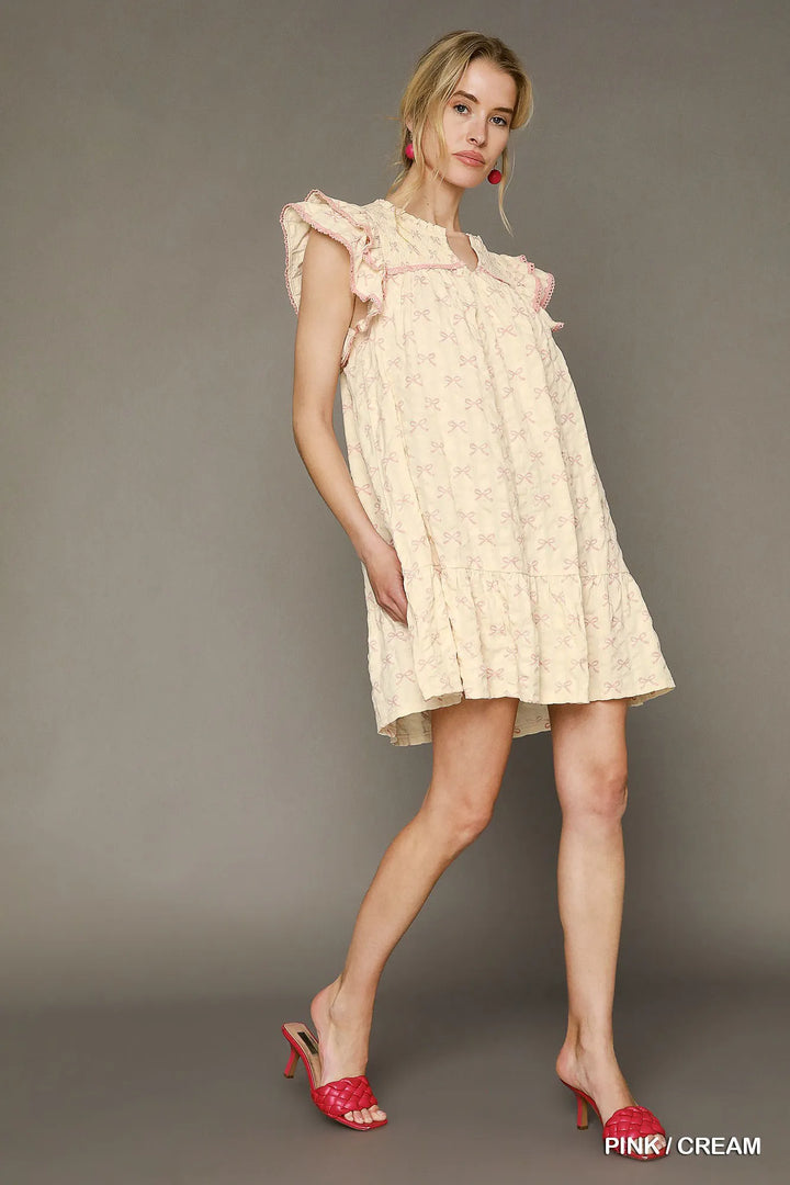 Pink / Cream Umgee Bow Print Ruffled Cap Sleeve Mini Dress 1