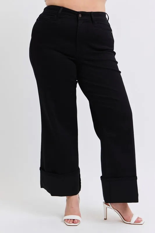 Bk Judy Blue Full Size High Waist Reto Wide Leg W Cuff Plus Size