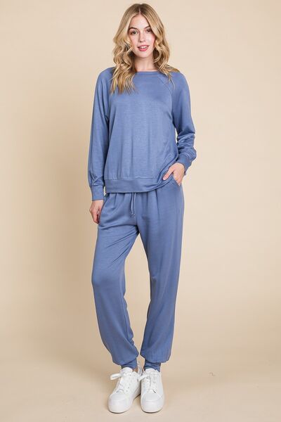 Powder Blue Super Lady Round Neck Raglan Sleeve Top And Pants Lounge Set