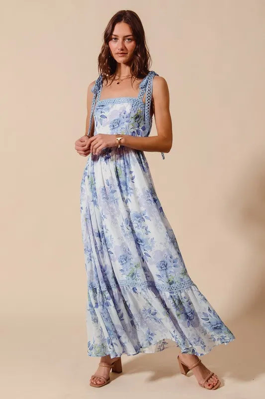 Off White/Blue So Me Floral Print Flowy Maxi Dress With Lace Ribbon Tie