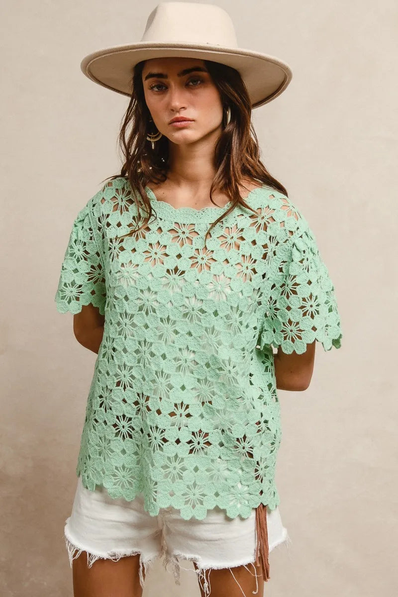 Bibi Openwork Crochet Short Sleeve Knit Top