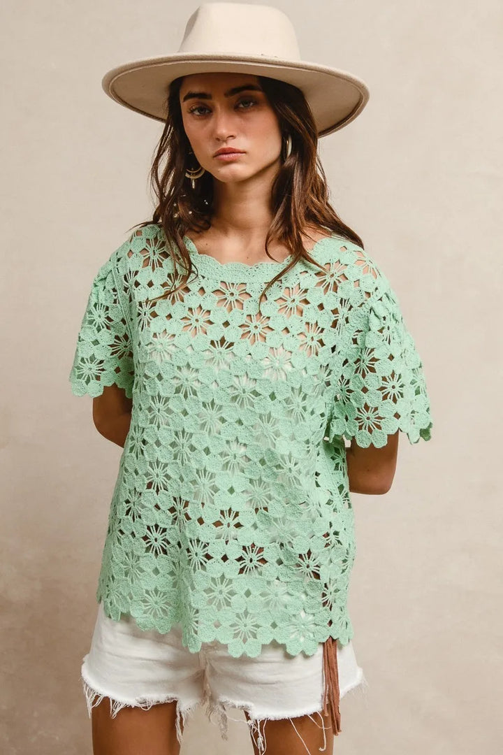 Bibi Openwork Crochet Short Sleeve Knit Top