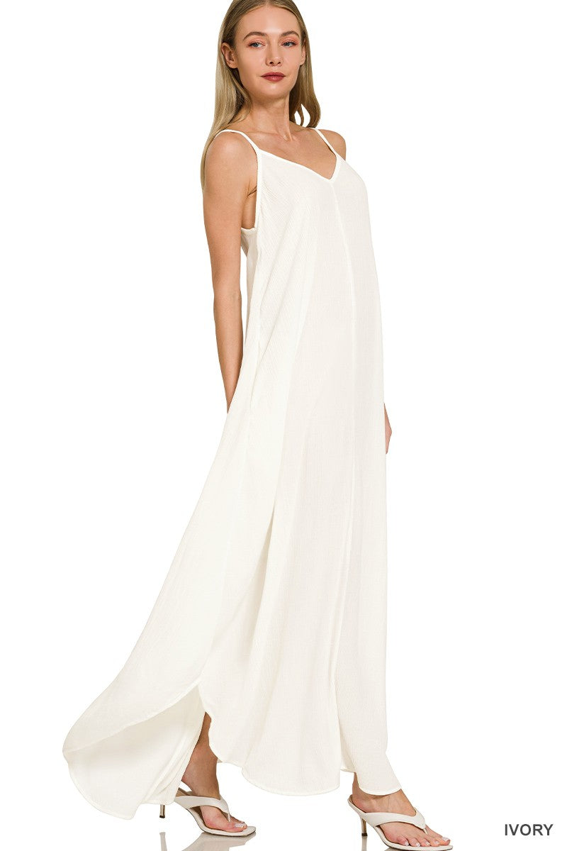 Ivory Zenana Woven Crinkle Cami Maxi Dress With Side Pockets 2