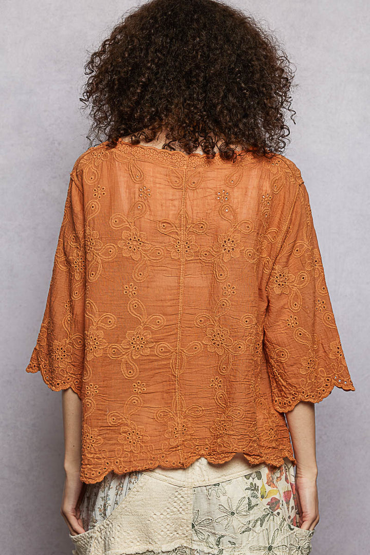 Pol Floral Eyelet V Neck Salloped Shirt 1