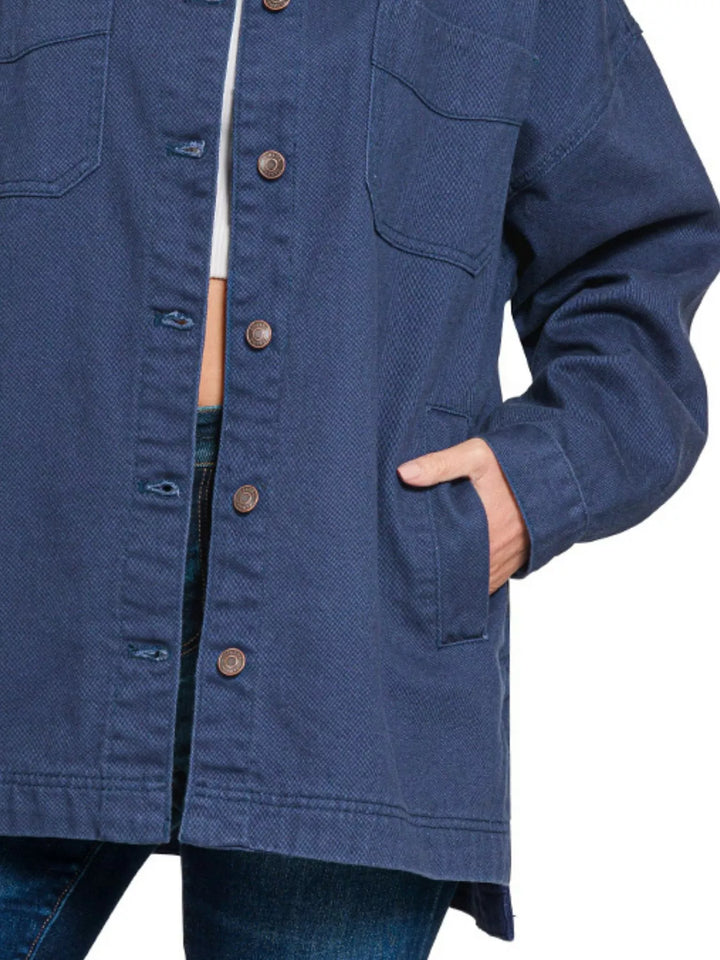 Zenana Oversized Collared Neck Button Front Shackets