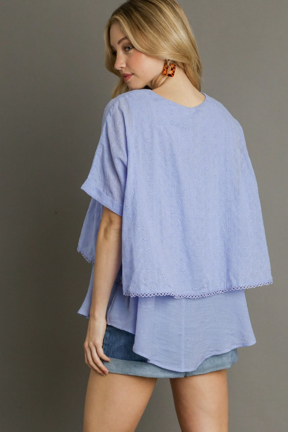 Light Blue Umgee Full Size Eyelet Layered Short Sleeve Blouse Plus Size