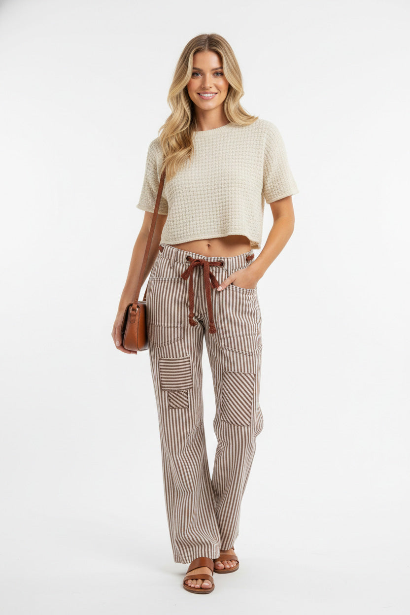 Mocha Brown Bibi Drawstring Striped Twill Barrel Pants