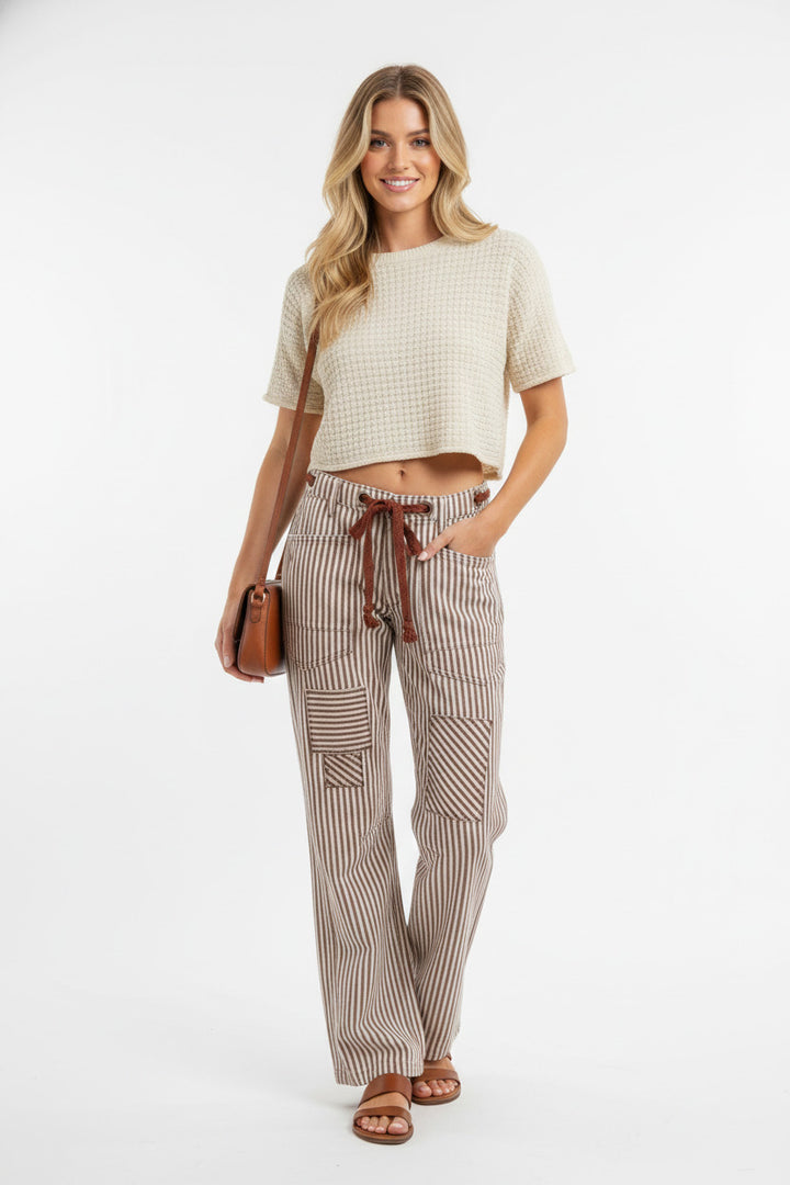 Mocha Brown Bibi Drawstring Striped Twill Barrel Pants