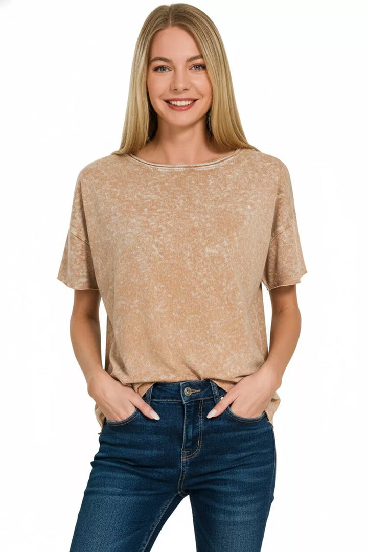 Brown Zenana Halo Washed Cotton Short Sleeve Top