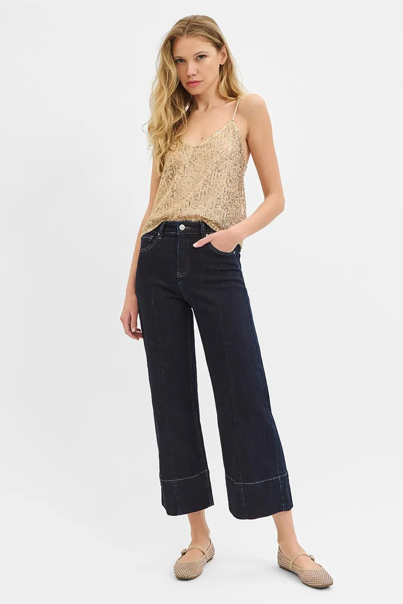 Solid Dark Risen Tummy Control High Rise Crop Wide Seam Detailed Jeans