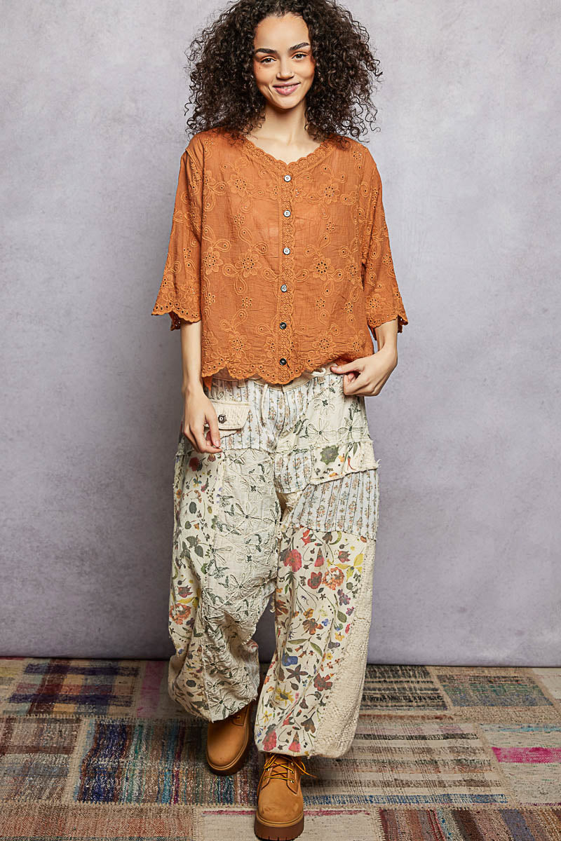 Pol Floral Eyelet V Neck Salloped Shirt 1