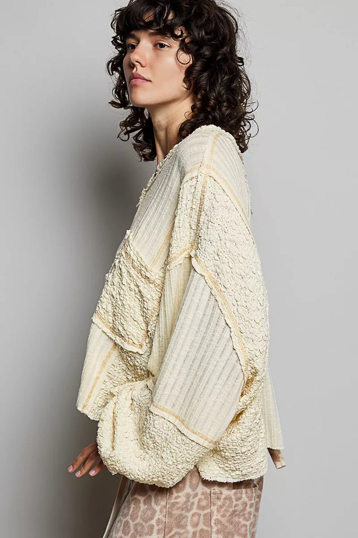 Natural Pol V Neck Long Sleeve Top With Stitch Detail 1