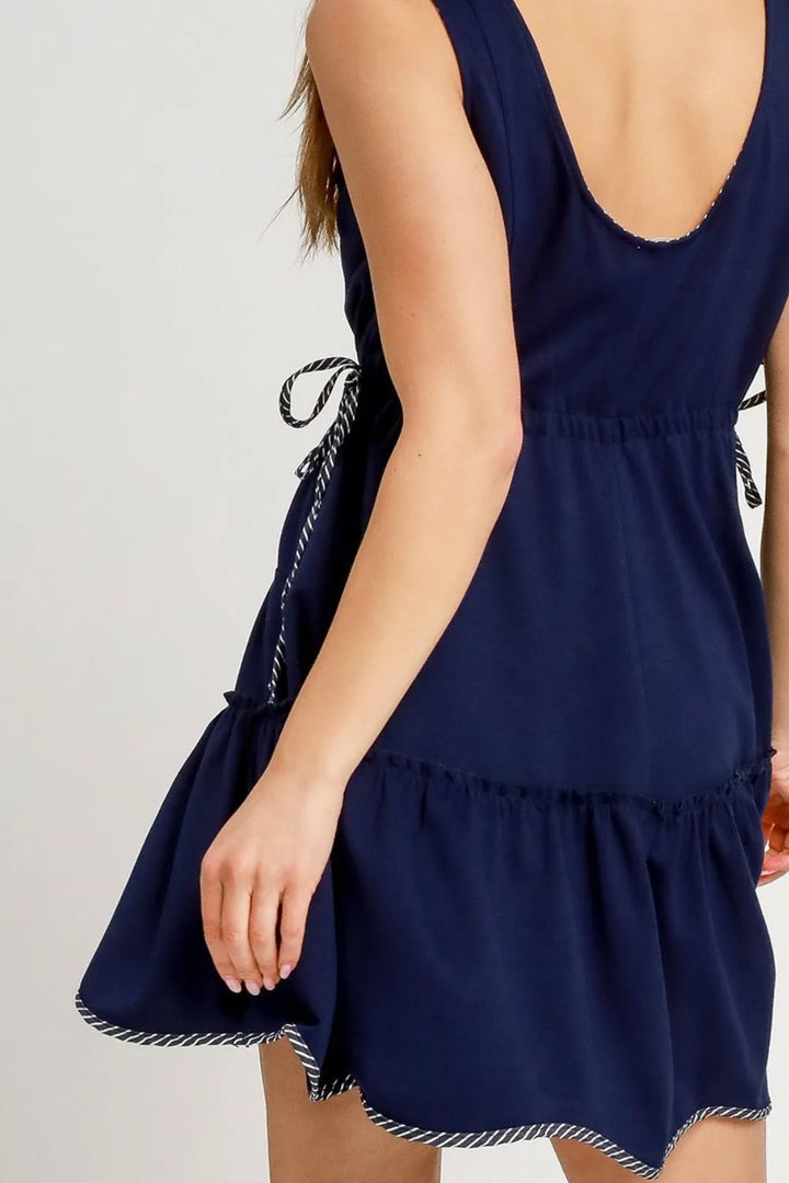 Dark Navy Umgee Frill Drawstring Waist Round Neck Mini Tank Dress