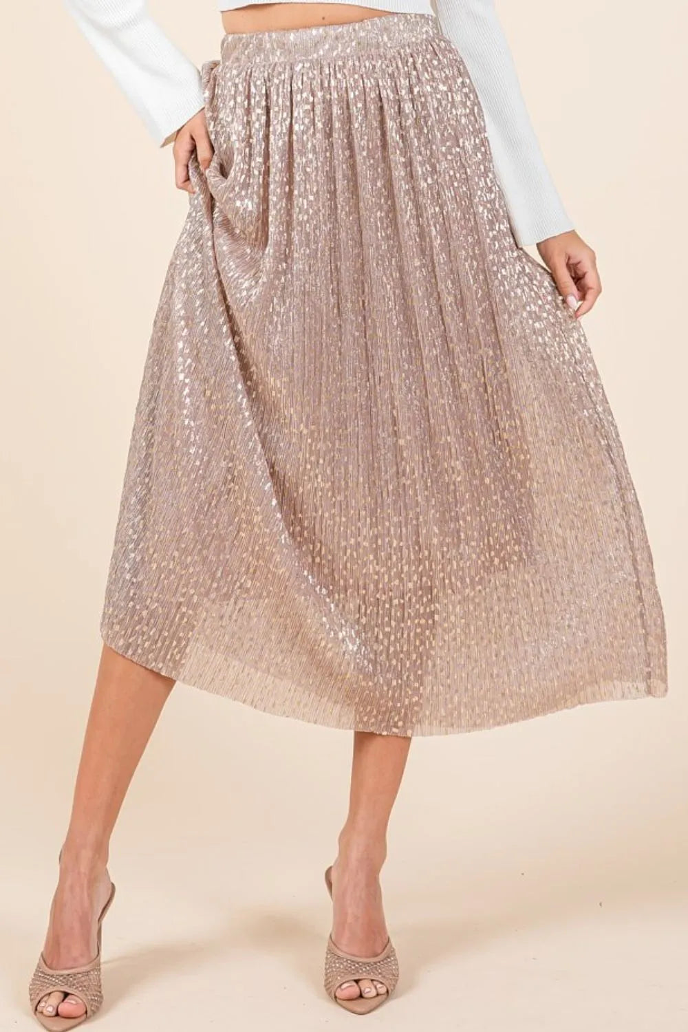Blush Mittoshop Metallic Glitter Speckle Print Elastic Midi Skirt 1