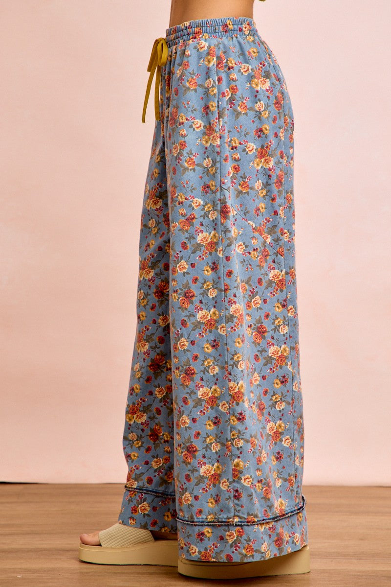 Denim Bibi Floral Printed Drawstring Wide Pants