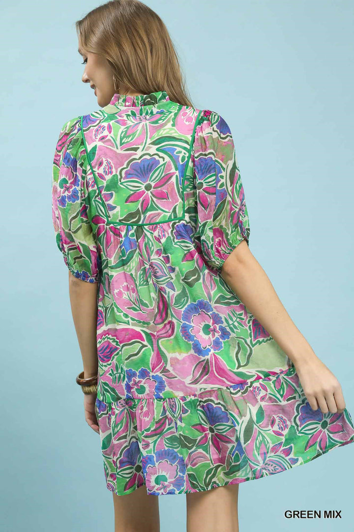 Green Mix Umgee Abstract Print V Neck Baby Doll Dress