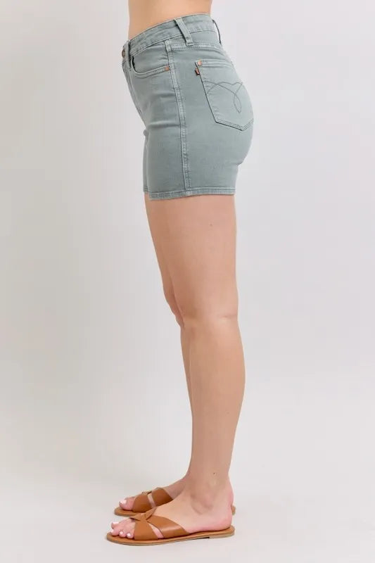 Stone Blue Judy Blue Full Size Hw Garment Dyed Back Pkt Embroidery Shorts Plus Size